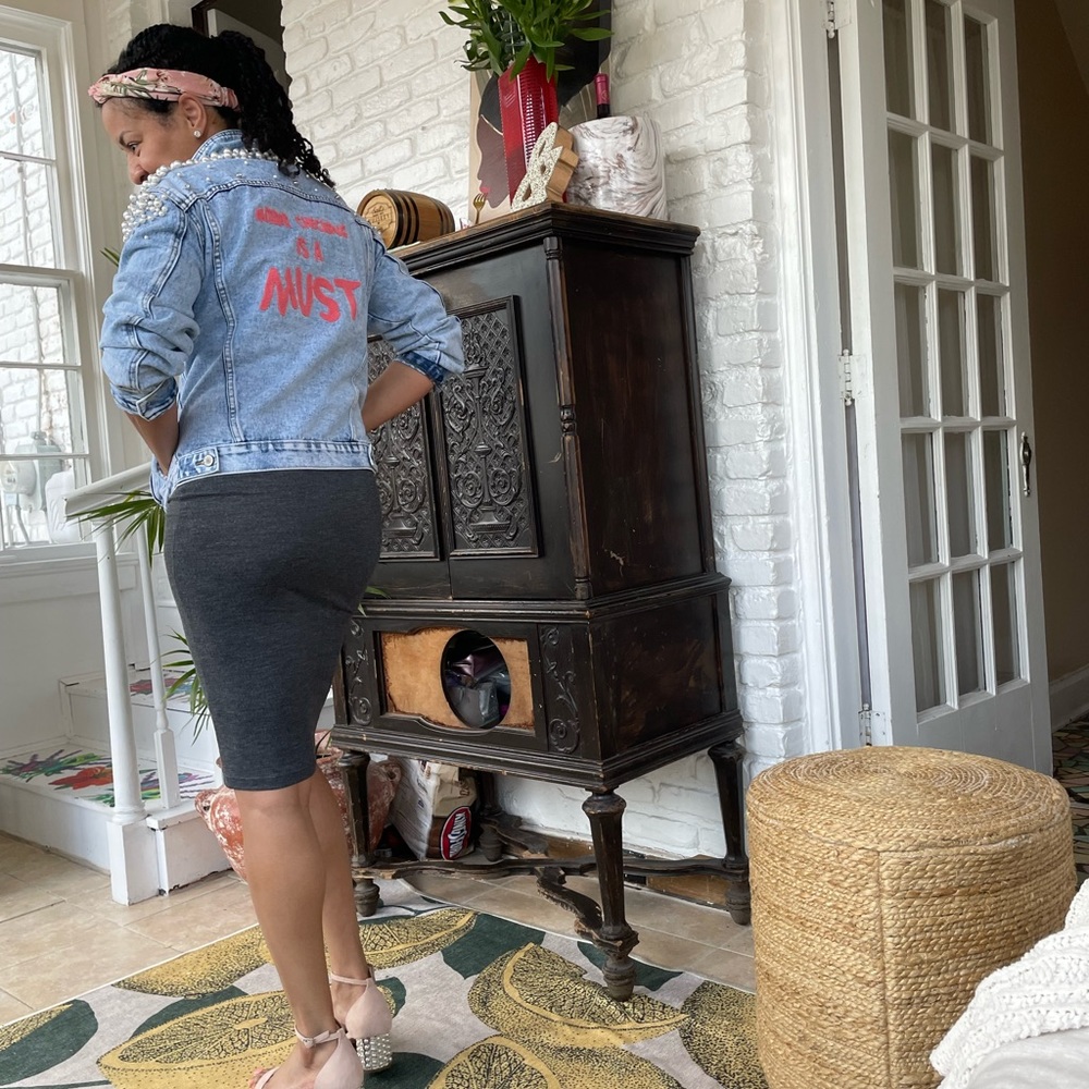 Beautiful denim jacket with hand sewn pearls from clearlyfemale